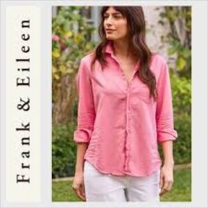 Frank & Eileen Barry tailored button-up shirt, watermelon pink cotton denim.